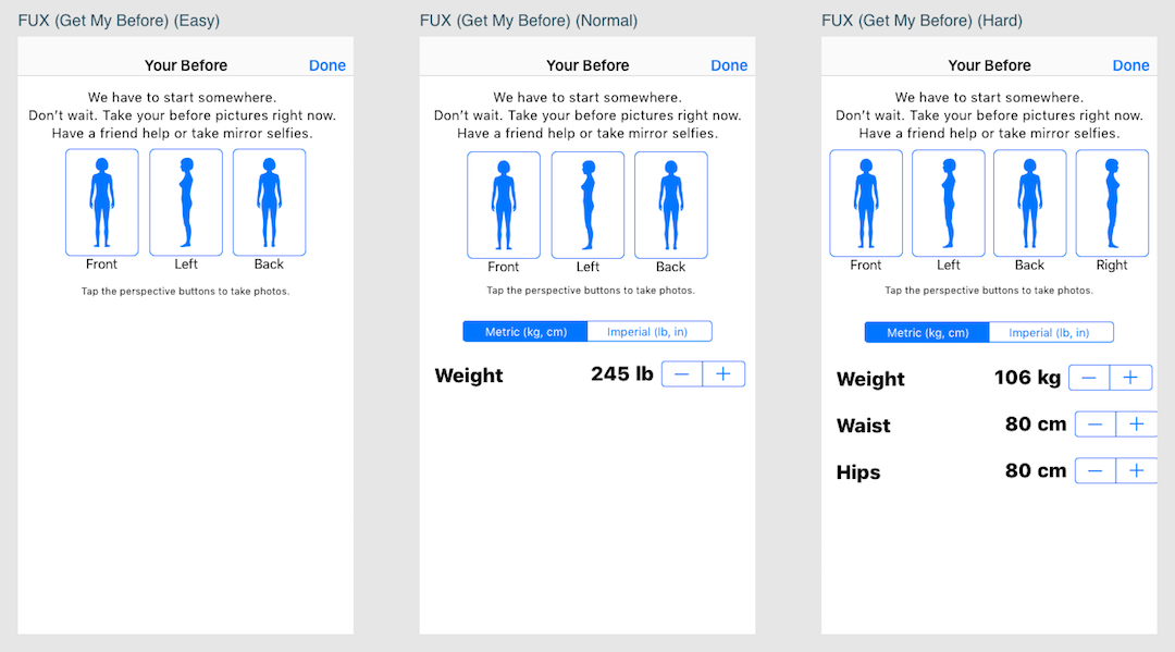 The First Weigh-In Screen, depending on mode.